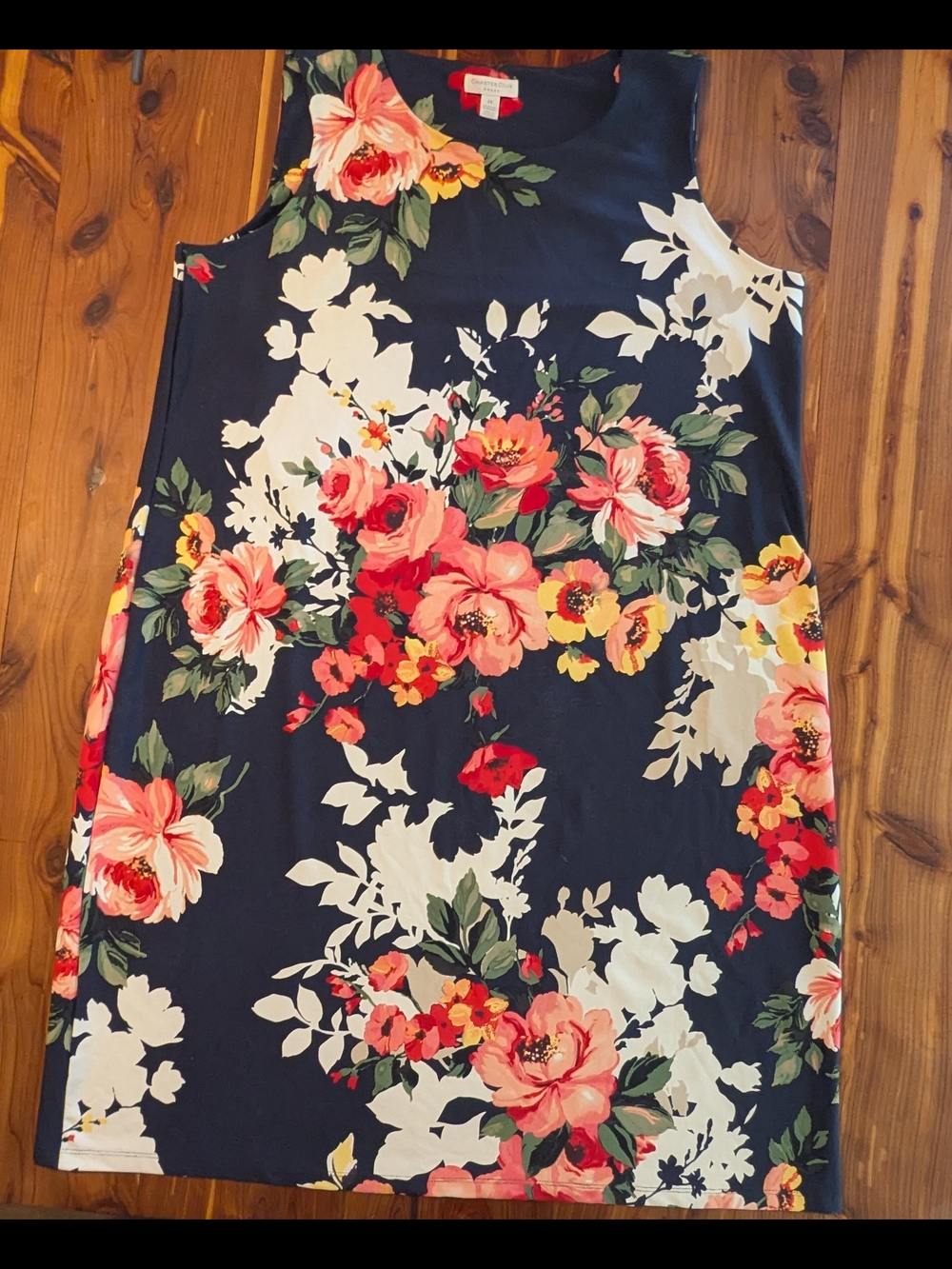 Charter Club Woman Navy Floral Midi Dress with Pink, Red and Cream Blooms